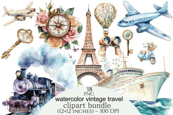Download Watercolor Vintage Travel Clipart Bundle - Water Collection