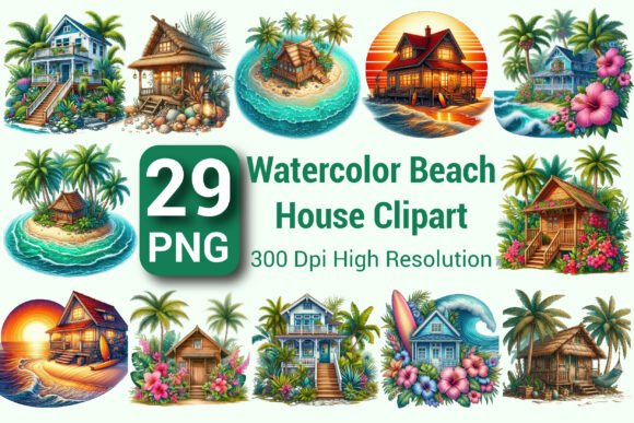 Download Watercolor Beach House Clipart Bundle - Water Collection