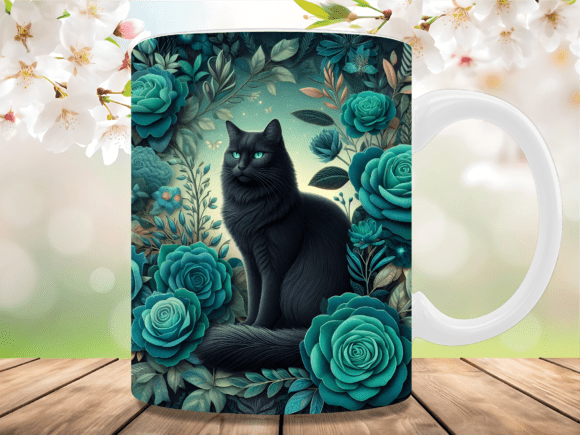 Download Black Cat Teal Rose Floral Mug Wrap - Floral Collection