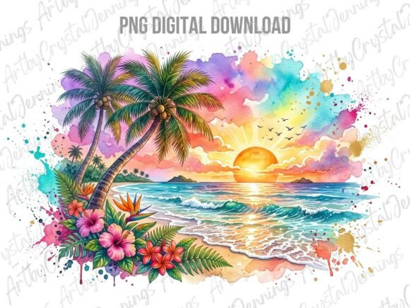 Download Tropical Sunset Beach Watercolor PNG - Water Collection