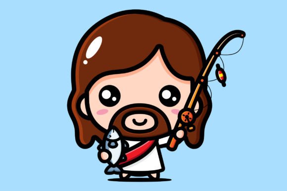 Download Cute Jesus Holding Fish and Fishing Rod - Fishing Collection