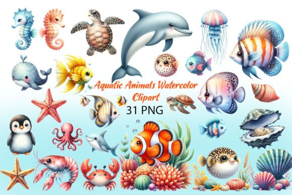 Download Aquatic Animals Watercolor Clipart - Water Collection