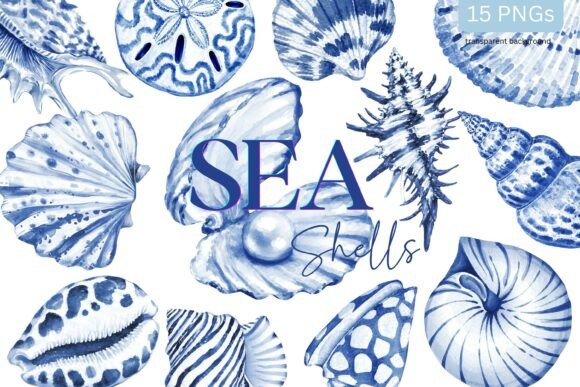 Download Sea Shells Toile Blue Watercolor Coastal - Water Collection