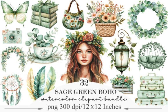 Download Watercolor Sage Green Boho Life Clipart - Water Collection