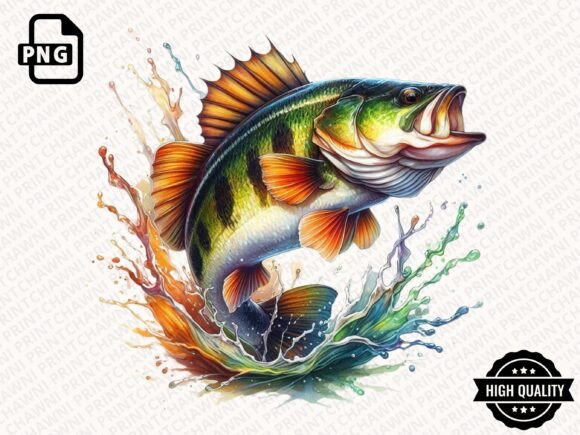 Download Watercolor Jumping Bass Fish Clipart PNG - Water Collection