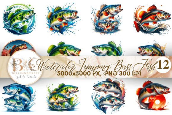 Download Watercolor Jumping Bass Fish Clipart PNG - Water Collection