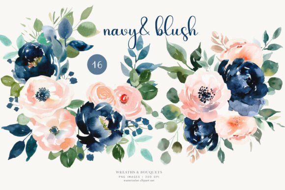 Download Navy Blush Floral Bouquets Wreaths Set - Floral Collection