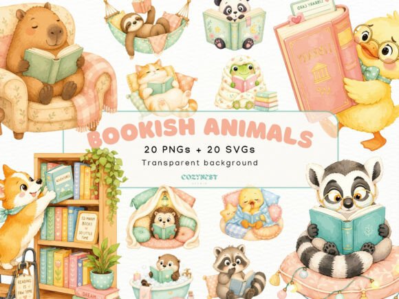 Download Bookish Cute Animals Watercolor Cliparts - Water Collection